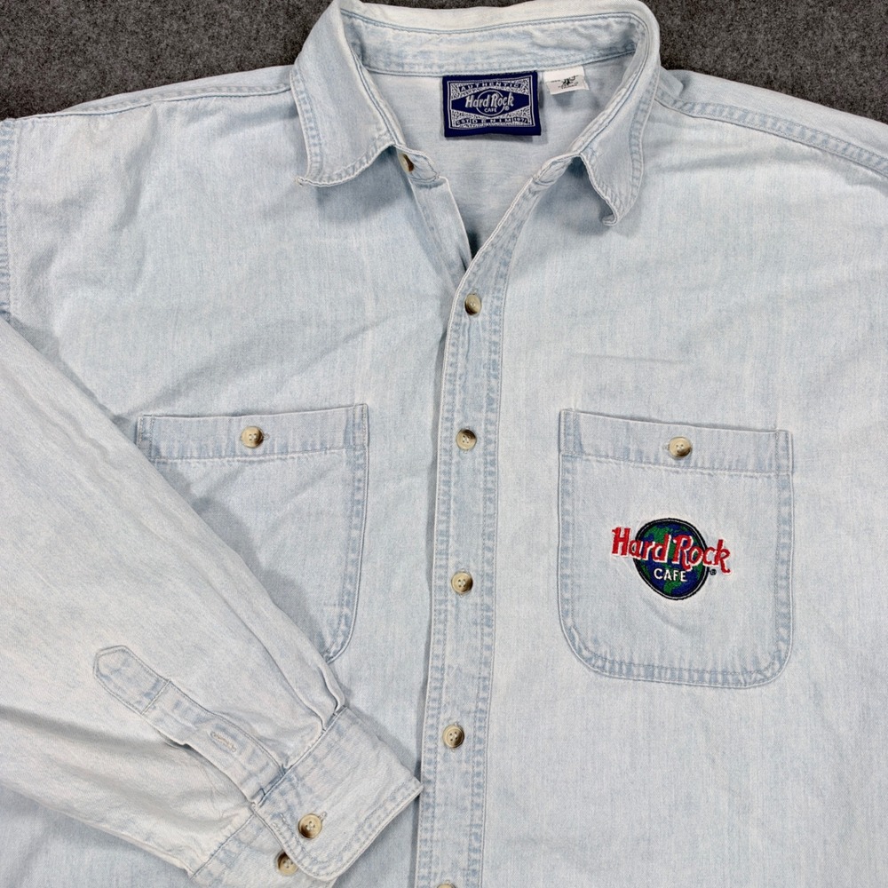 Hard Rock Cafe San Antonio Vintage Denim Shirt XL Light Wash Embroidered 90s